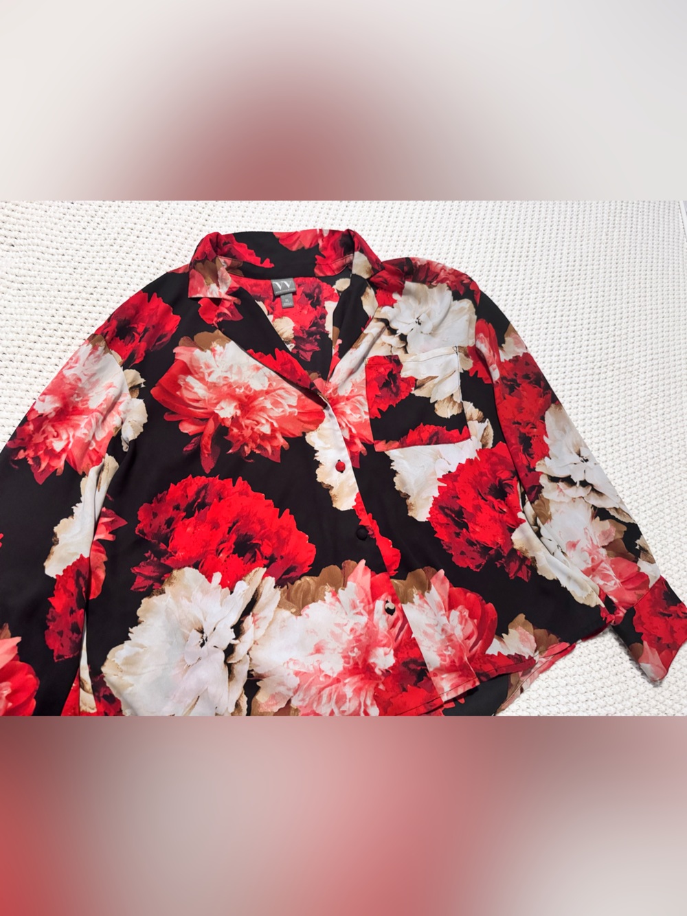 Worthington Black Button-Up Blouse with Red and Cream Floral Print